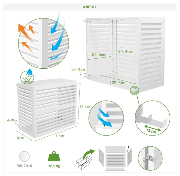 Aneto L Klimaanlagenverkleidung mit Maßangaben und Produktdetails