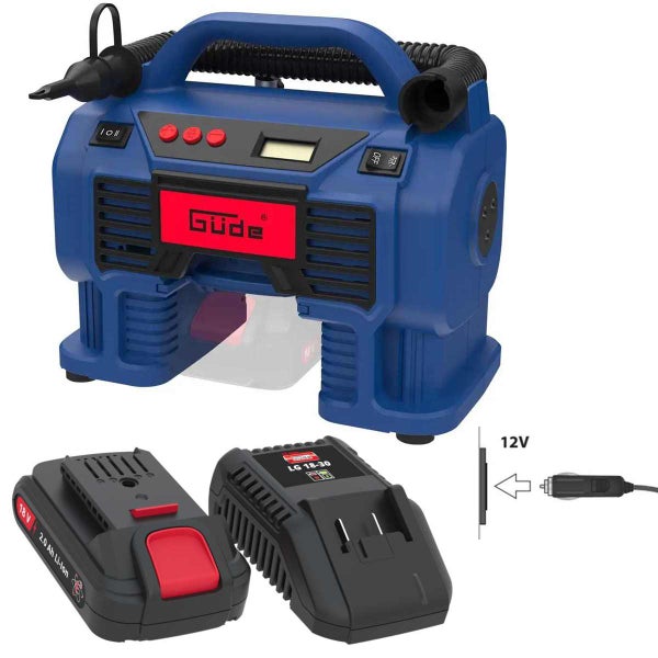 Güde Hybrid-Kompressor inklusive 18 Volt 2 Amperestunden Lithium-Ionen Akku, Ladegerät und 12 Volt Adapter.