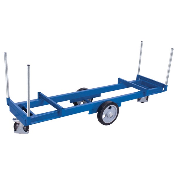 Langmaterialwagen aus blauem Stahl mit sechs Rädern und vier Rungen.