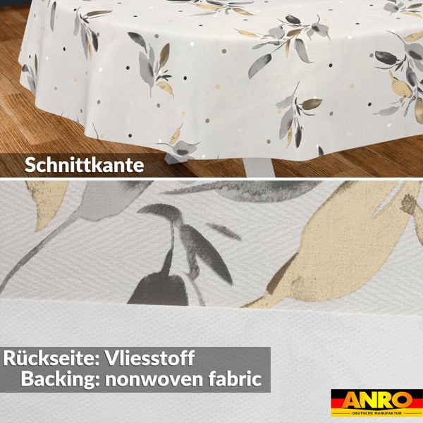 Wachstischdecke mit Blättermuster, Schnittkante und Rückseite aus Vliesstoff. ANRO Logo.