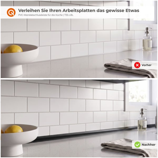Vorher und Nachher Vergleich einer PVC Wandabschlussleiste in einer Küche mit Fliesenrückwand und Arbeitsplatte.