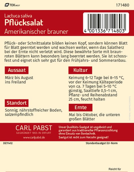 Rückseite der Samentüte für Pflücksalat Amerikanischer brauner von Carl Pabst mit Hinweisen zu Aussaat, Kultur, Standort und Ernte.