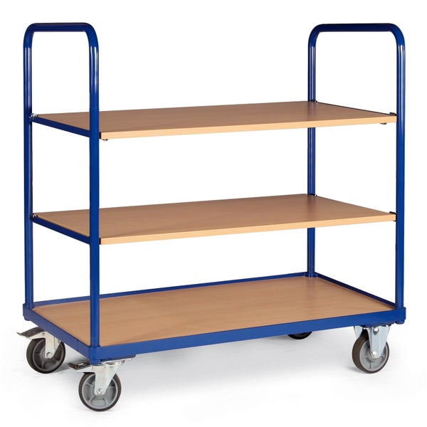 Transportwagen mit drei Holzablagen und Rollen