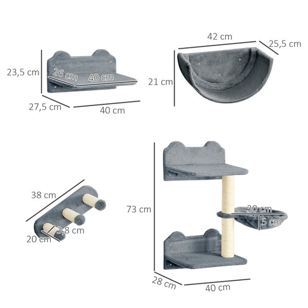 PawHut Katzen Kletterwand 4 tlg. Klettern Katzenkratzbaum mit Kaztentreppe, Hängematte, Sprungplatt, Wandkratzbaum, Wand Katzenmöbel für Katzen bis 5 kg, Polyester, Grau