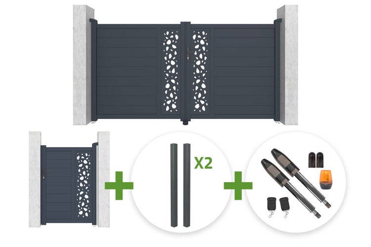 Set aus anthrazitfarbenem Doppelflügeltor und Gartentor mit dekorativem Muster, inklusive zwei Pfosten und elektrischem Torantrieb mit Zubehör.