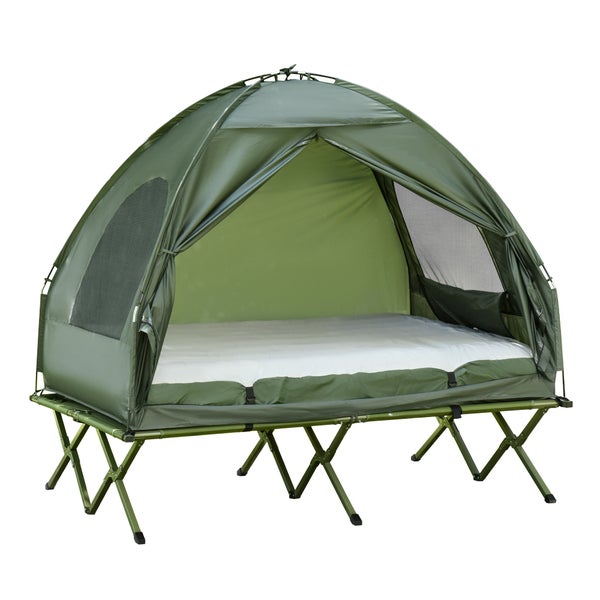 Outsunny Erhöhtes Campingbett Feldbett mit Luftmatratze Pumpe Taft Tragetasche 193 x 136 x 180 cm Gästebett belastbar bis 160 kg Extra Breit Campingliege für Erwachsene Klappbett Outdoor Grün