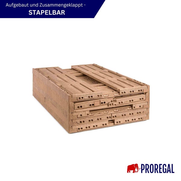 Stapelbare Prorack Regalböden aus Kunststoff im aufgebauten und zusammengeklappten Zustand