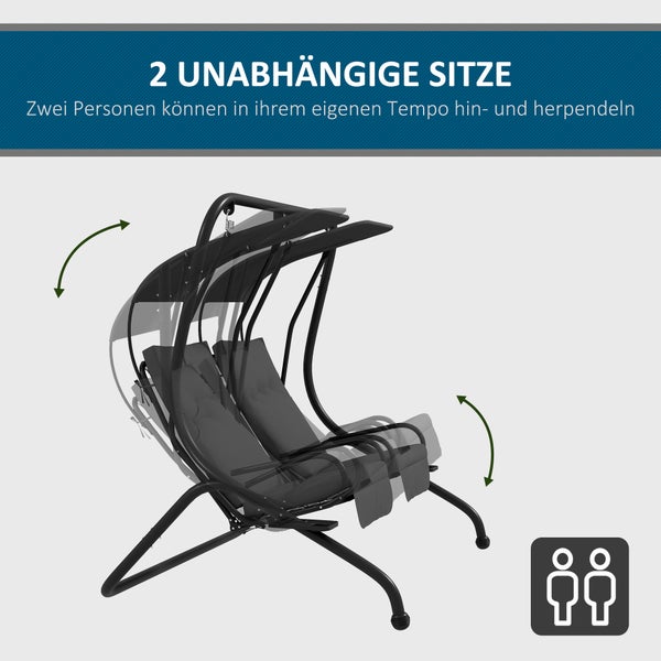 Doppel-Hängeliege mit zwei unabhängig schwingenden Sitzen, Sonnendächern und Metallgestell.