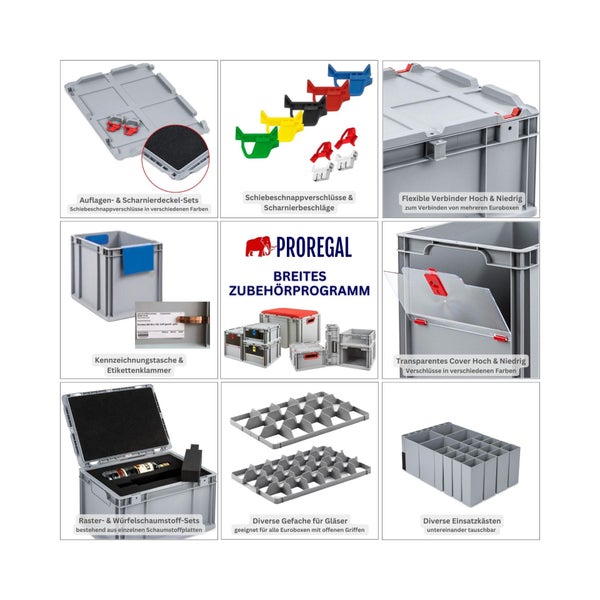 PROREGAL Spar Set 10x Eurobox Nextgen Economy Mit Auflagedeckel & 4x Schiebeschnappverschlüsse Schwarz Griffe Geschlossen HxBxT 12 x 40 x 60 cm
