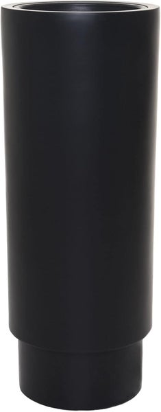 Hoher zylindrischer Pflanzkübel in mattem Schwarz mit abgesetztem Sockel.
