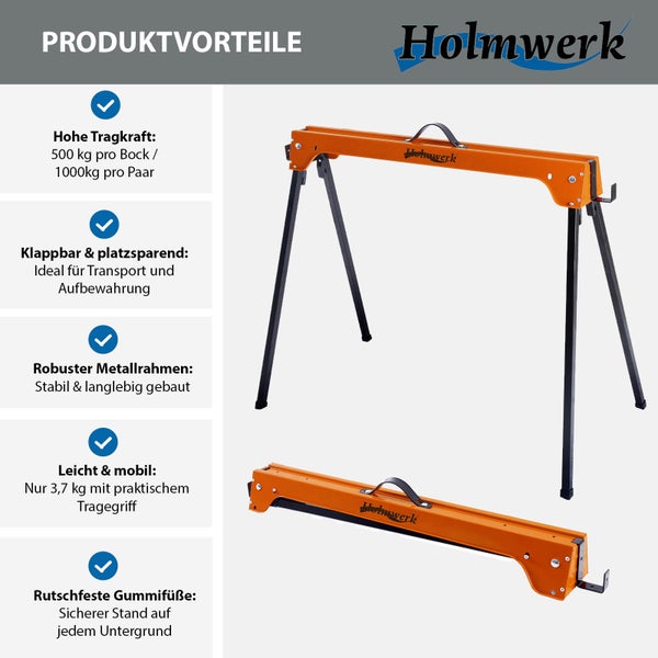 Zwei klappbare Arbeitsböcke von Holmwerk aus Metall in Orange und Schwarz mit Tragegriffen und Haken.
