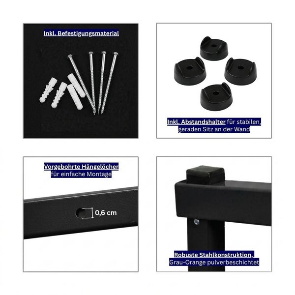 Details der Stahlkonstruktion: inklusive Befestigungsmaterial, Abstandshalter, vorgebohrte Löcher von 0,6 Zentimeter, pulverbeschichtete Oberfläche.