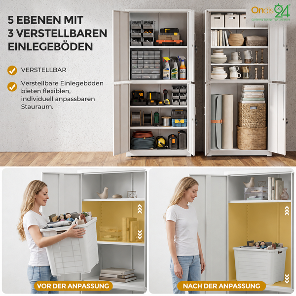 Weißer Metallschrank mit 5 Ebenen und 3 verstellbaren Fachböden, Illustration der flexiblen Lagermöglichkeiten in Werkstatt und Haushalt.