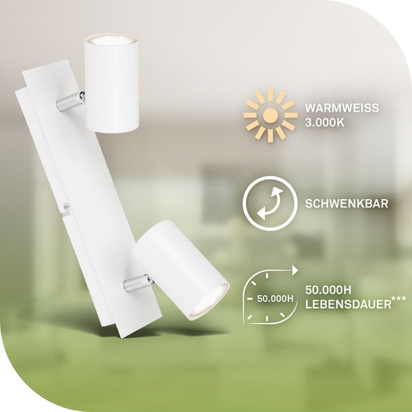 Weiße LED-Wandleuchte mit zwei Strahlern, warmweißes Licht mit 3000 Kelvin, schwenkbar, Lebensdauer 50000 Stunden