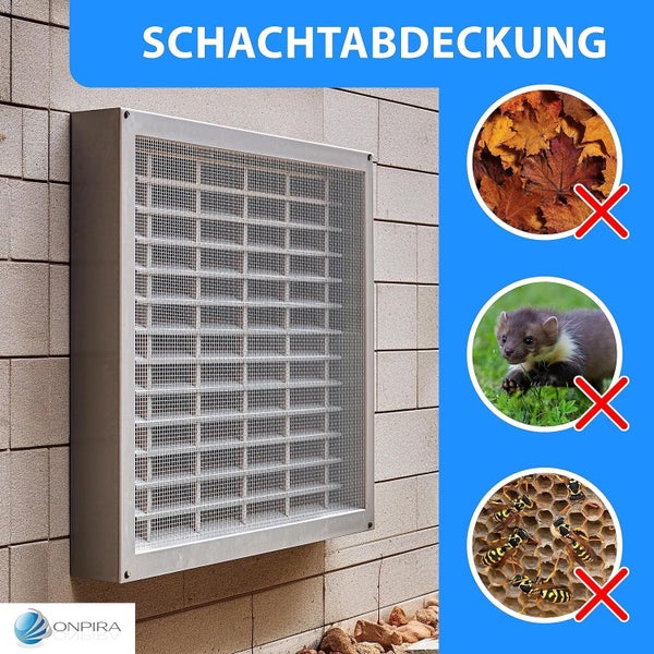 Onpira Schachtabdeckung aus Metall mit feinem Gitter zur Wandmontage. Schützt vor Laub, Mardern und Insekten. Onpira Logo.