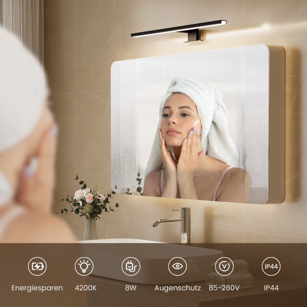 Spiegel mit LED-Beleuchtung im Badezimmer mit energiesparendem Symbol, 4200 Kelvin, 8 Watt, Augenschutz, 85 bis 260 Volt und IP44