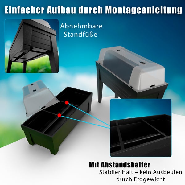 Abbildung eines Hochbeetes mit abnehmbaren Füßen und Abstandshalter zur Stabilisierung