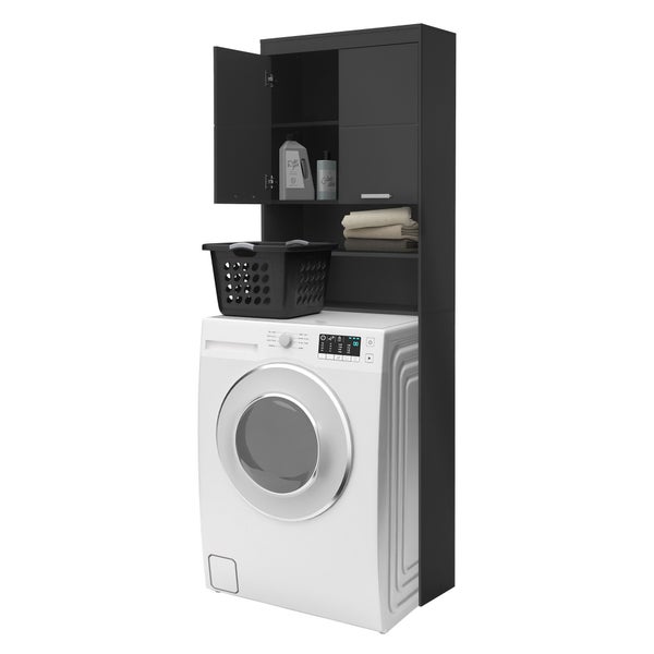 ECD Germany Waschmaschinenschrank mit 2 Türen und 2 offenen Fächern, 187,5 x 63 cm, Dunkelgrau, Badezimmerschrank für Waschmaschine/Trockner, Hochschrank Badschrank Badregal Waschmaschinenüberbau