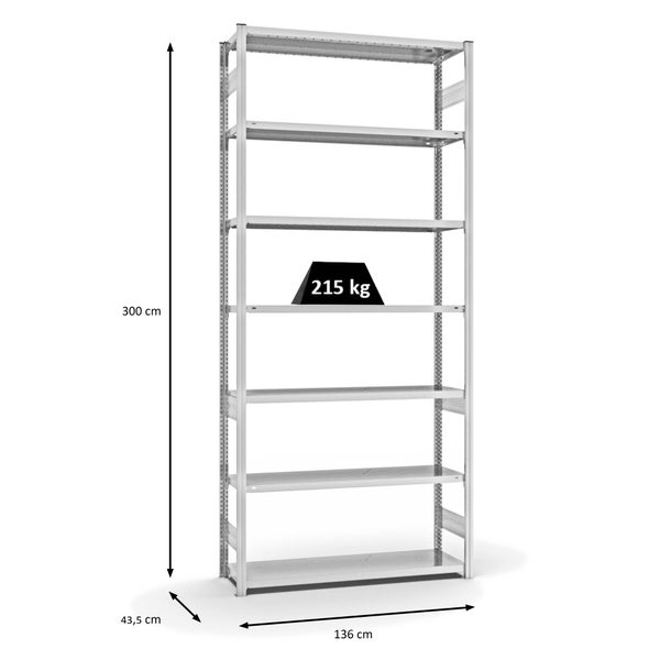 PROREGAL Fachbodenregal Stecksystem T-Profil Medium-Duty Grundregal HxBxT 300 x 130 x 40 cm 7 Ebenen Fachlast 215 kg Beidseitig Nutzbar Lichtgrau