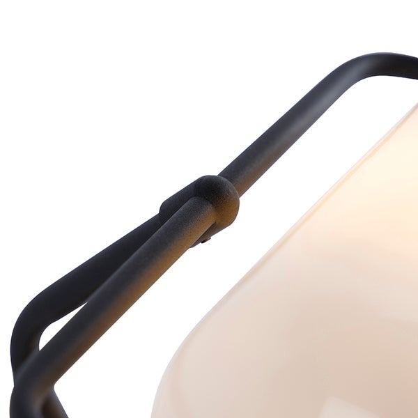 Detailaufnahme einer Lampe mit Metallgestell und Glasschirm