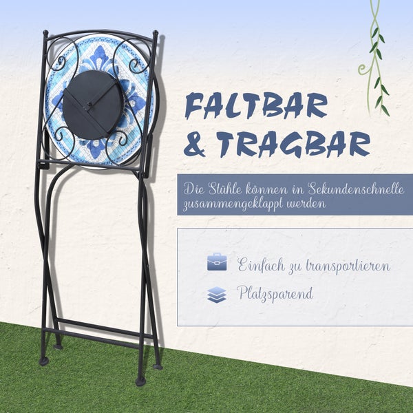 Outsunny 3tlg. Garten Sitzgruppe, mit Ø 61 cm Tisch+2 faltbare Stühle, Stahl, Blau
