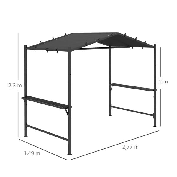 Outsunny Grillpavillon 277 x 149 x 230 cm wasserdicht flammhemmend Gartenpavillon mit Seitenregalen, Gartenlauben mit UV-Schutz, BBQ Pavillon aus Stahl, Gartenzelt Grillzelt für Party BBQ, Dunkelgrau