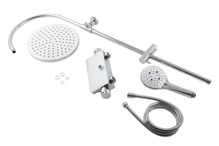 aquaSu® Duschsystem Oblivio mit Thermostat-Armatur | Handbrause: 3-strahlig | Kopfbrause: 1-strahlig | integrierte Ablage | Antikalk | rund | höhenverstellbar | Kleben oder Bohren | Chrom | 723442