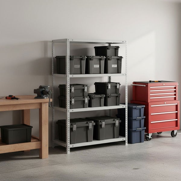 Organisierte Werkstatt mit Metallregal voller Aufbewahrungsboxen, Werkbank aus Holz mit Schraubstock und einem roten Rollwagen.