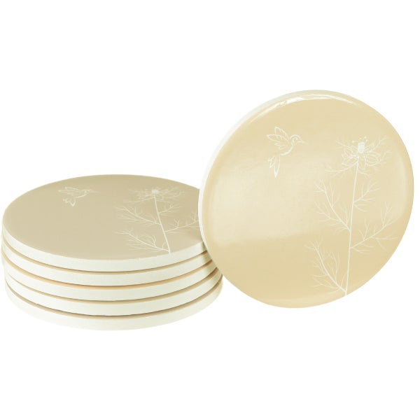 Ein Set von Untersetzern mit floralem Design und Vogelmotiv