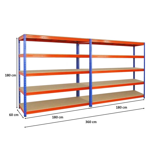 PROREGAL Mega Deal 2x Profi Schwerlastregal Bison HxBxT 200 x 200 x 60 cm 5 Fachböden Fachlast 600 kg Blau-Orange