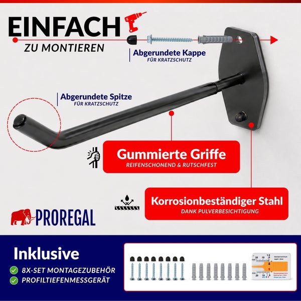 Wandhalterung für Reifen von Proregal mit Montageset, abgerundeten Schutzkappen und gummierter Oberfläche aus korrosionsbeständigem Stahl.
