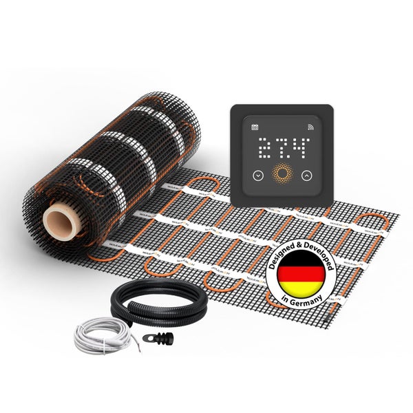Elektrisches Fußbodenheizungs-Set von Warmon mit Heizmatte, digitalem Thermostat, Leerrohr und Temperaturfühler. Entwickelt und entworfen in Deutschland.