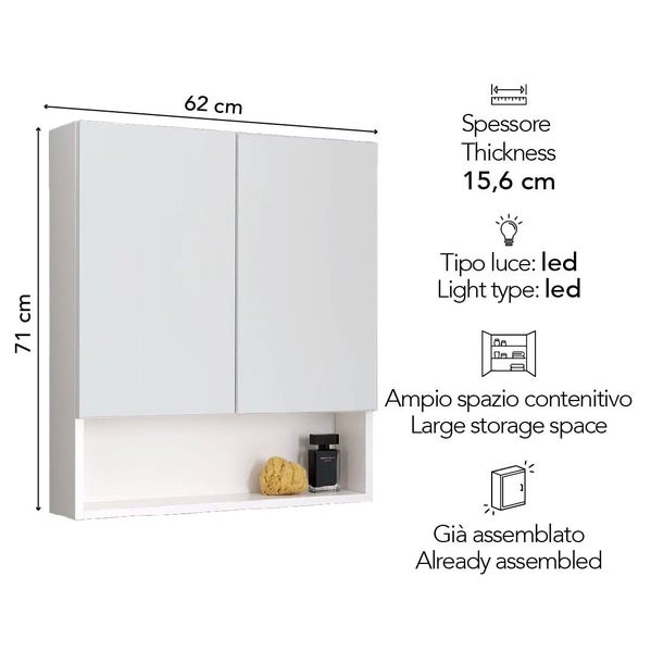 Spiegelschrank mit LED-Beleuchtung, zwei Türen, offene Ablage, Breite 62 Zentimeter, Höhe 71 Zentimeter, Tiefe 15,6 Zentimeter, bereits montiert.