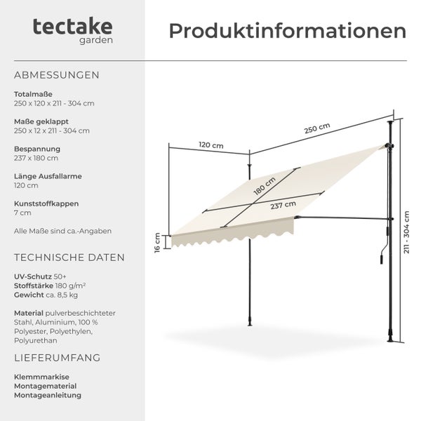 Klemmmarkise tectake  einfache Montage mit Handkurbel beige