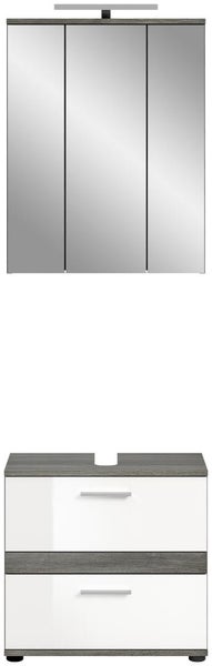 Dreiteiliger Spiegelschrank mit Beleuchtung und Waschbeckenunterschrank mit zwei Schubladen in Weiß und Grau.