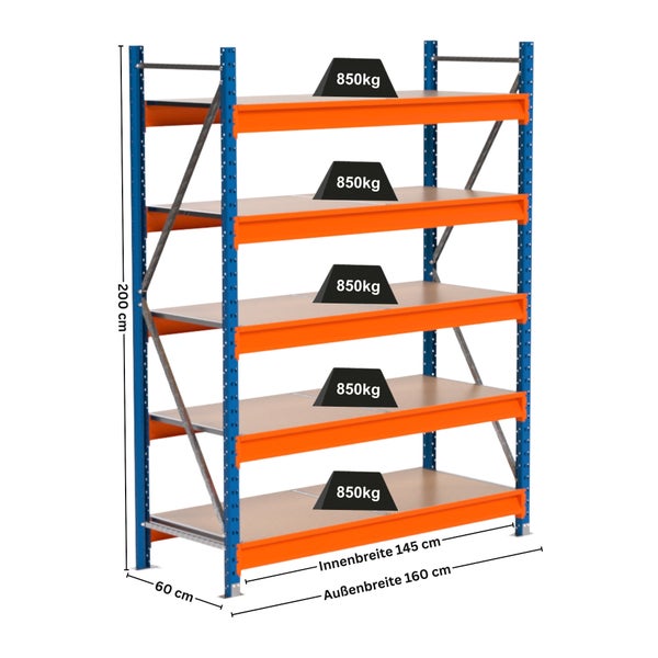 Schwerlastregal mit fünf Regalböden und Gewichtsangabe von 850 Kilogramm pro Boden, Abmessungen: 200 cm Höhe, 60 cm Tiefe, Innenbreite 145 cm, Aussenbreite 160 cm
