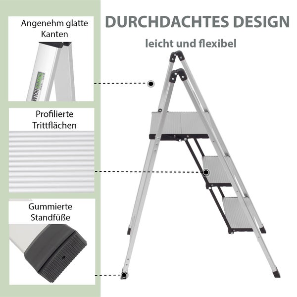 Dreistufige silberfarbene Haushaltsleiter aus Aluminium mit rutschfesten Stufen und Gummifüßen.