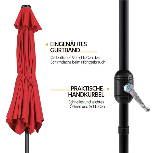 Detailansicht eines roten Sonnenschirms mit Handkurbel und eingenähtem Gurtband