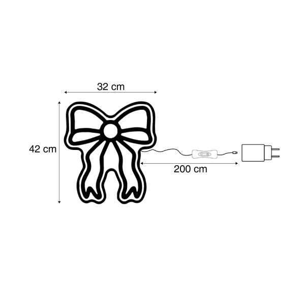 LED Weihnachtsdekoration Schleife mit Netzteil und Schalter, 42 Zentimeter hoch und 32 Zentimeter breit, 200 Zentimeter Zuleitung.