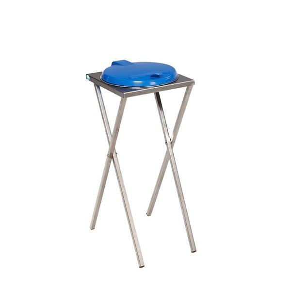 Müllsackständer aus Edelstahl mit blauem Deckel und klappbarem Gestell.