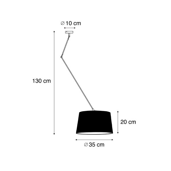 Technische Zeichnung einer Pendelleuchte mit Schwenkarm. Die Leuchte hat einen Durchmesser von 35 Zentimeter und eine Gesamthöhe von 130 Zentimeter.