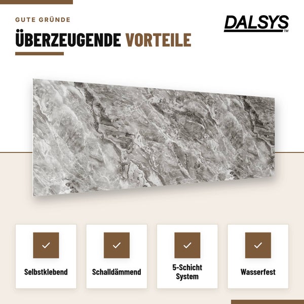 Dalsys Wandpaneel mit Marmoroptik und vier Vorteilen: selbstklebend, schalldämmend, 5-Schicht System und wasserfest.