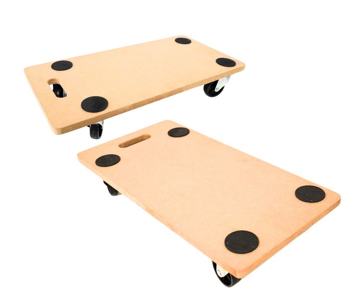 Zwei Transporthilfen aus MDF mit Tragegriff, Antirutschpunkten und vier Lenkrollen für den Möbeltransport.