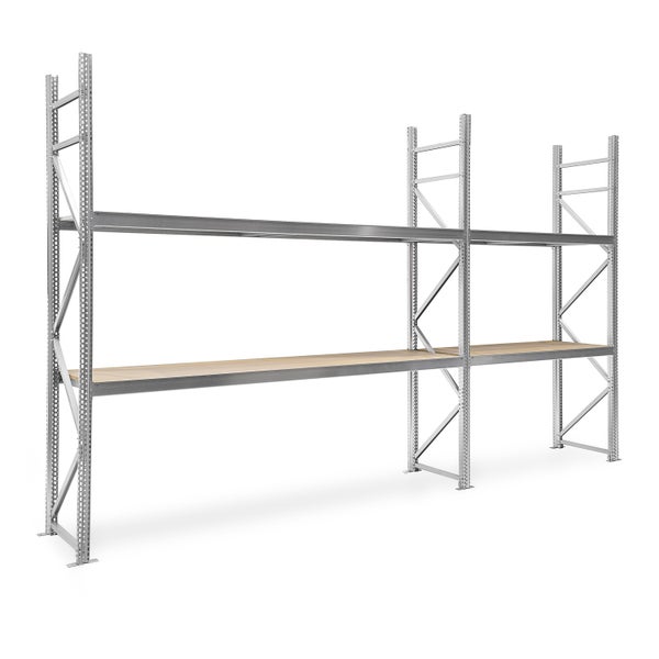 Weitspannregal aus verzinktem Metall mit zwei Ebenen und Holzböden, bestehend aus Grundfeld und Anbaufeld.