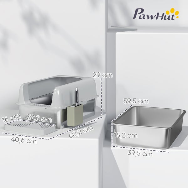 PawHut Katzenklo Edelstahl XXL 60x40x30 cm Katzentoilette mit Schaufel Katzenstreumatte Katzentoilette mit Aufbewahrungsbox Katze Toilettenhaus für Indoor Hellgrau