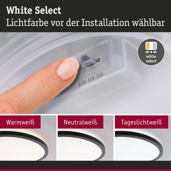 Einstellen der Lichtfarbe einer Leuchte per Schiebeschalter vor der Montage. Optionen für Warmweiß, Neutralweiß und Tageslichtweiß.