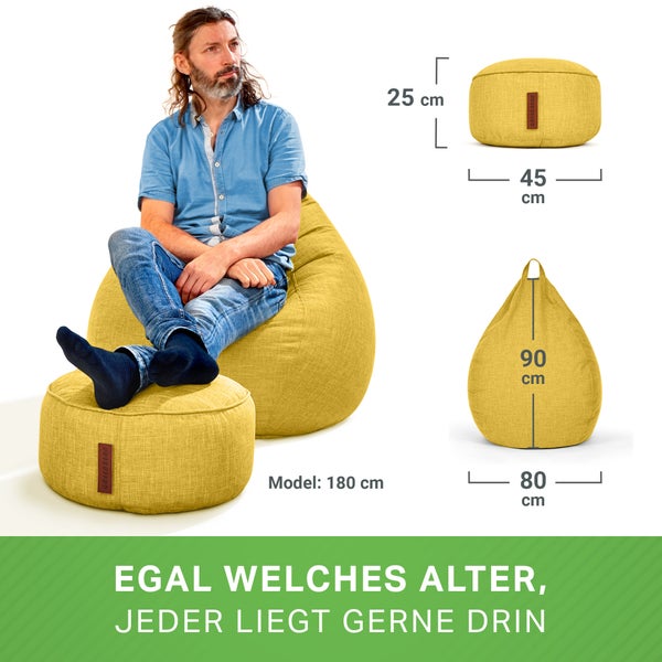 Green Bean 2er Set Indoor Sitzsack + Hocker mit EPS-Perlen Füllung - Fußhocker Fußkissen Sitz-Pouf Bodenkissen Liegekissen Sitzkissen Lounge Chair Sitzhocker Relax-Sessel Bean Bag Gelb