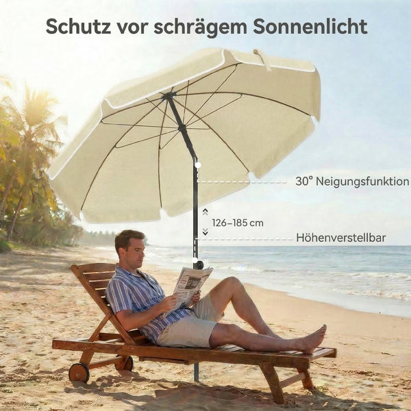 Zweiteiliger Sonnenschirm mit Holzstuhl im Außenbereich, Fokus auf einfache Montage und platzsparende Lagerung durch zwei Steckelemente.