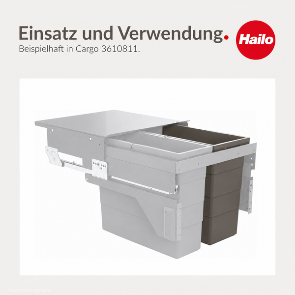 Hailo Abfallsystem Cargo für Küchenschränke mit Vollauszug und zwei Kunststoff Abfallbehältern zur Montage in einem Frontauszug.