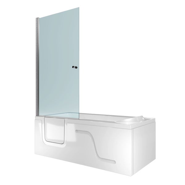 Helles, modernes Badezimmer mit einer weißen Badewanne mit Tür und einer Glas-Duschabtrennung vor beigen Fliesen und weißem Marmorboden.